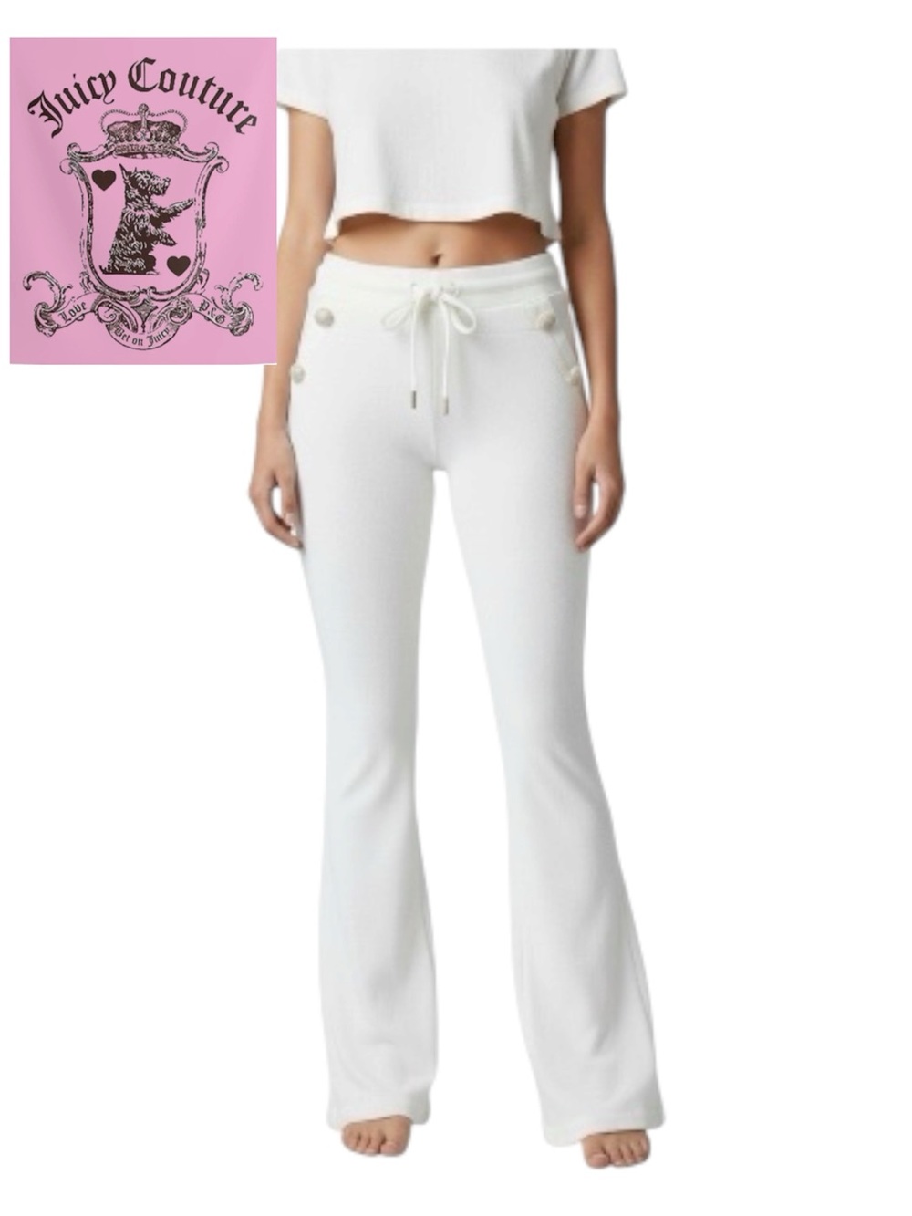 Juicy Couture Y2K White Sailor-Button Terrycloth Double Waistband Bootcut Rare